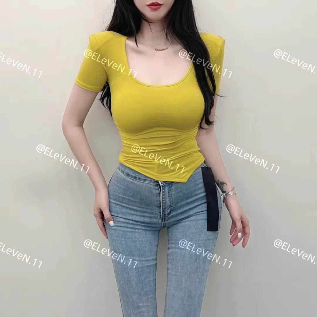 Eeleven-1987短款性感不规则U领短袖T恤女紧身纯色褶皱上衣显瘦夏