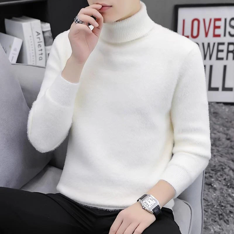 啄木鸟高领毛衣男士秋冬季加绒加厚学生针织衫潮牌白色冬款内搭