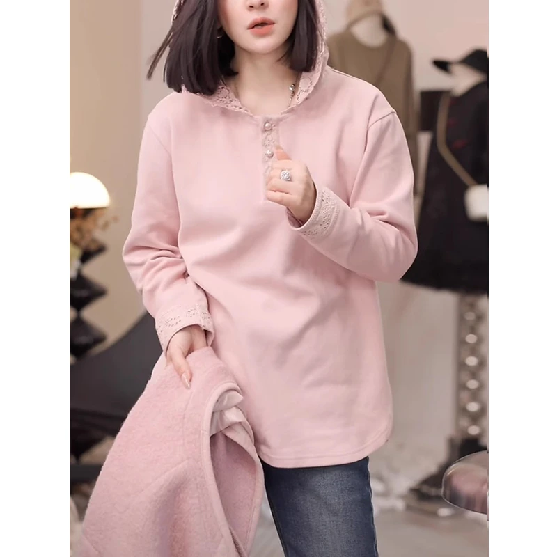 女士粉色连帽卫衣2024秋冬季新款时尚洋气蕾丝拼接内搭打底衫上衣