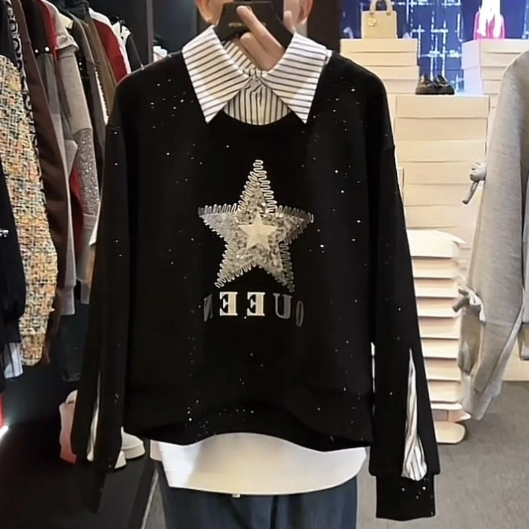 时尚休闲条纹拼接假两件2025秋季新款亮片星星印花百搭长袖卫衣女