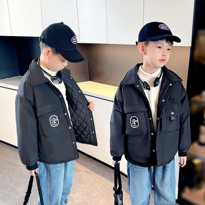 儿童外套秋冬季男孩夹棉衬衣2025新款宝宝保暖上衣男童翻领薄棉袄