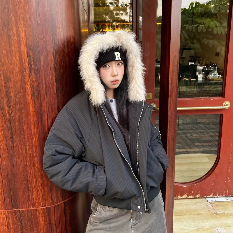 Material原创冬季毛领派克服男女美式复古短款棉服加厚高级感外套