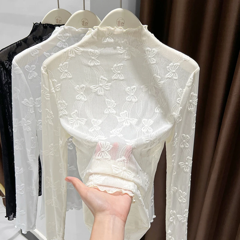 木耳边蕾丝打底衫女2024秋冬毛衣叠穿内搭小衫薄款半高领网纱上衣