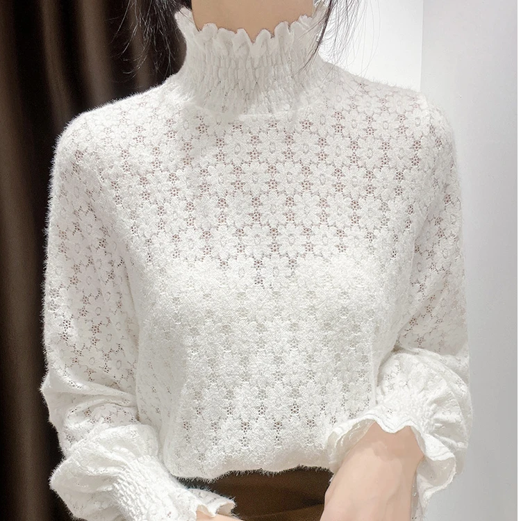 加绒欧货蕾丝打底衫女内搭时尚洋气时髦小衫长袖上衣半高领超洋气