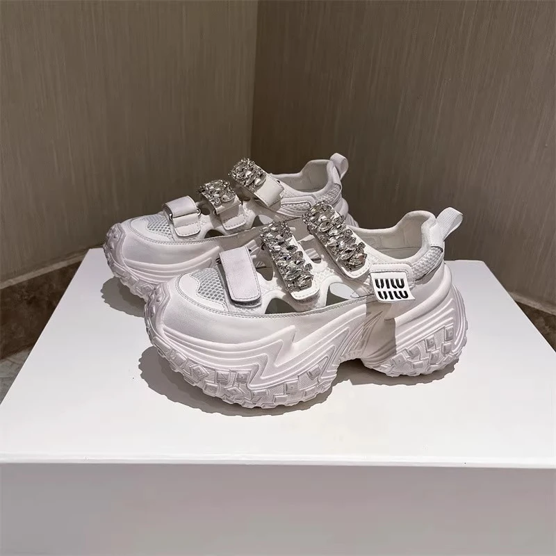 摇摇鞋网面厚底运动老爹鞋女2024年水钻玛丽珍榴莲白鞋底休闲鞋子