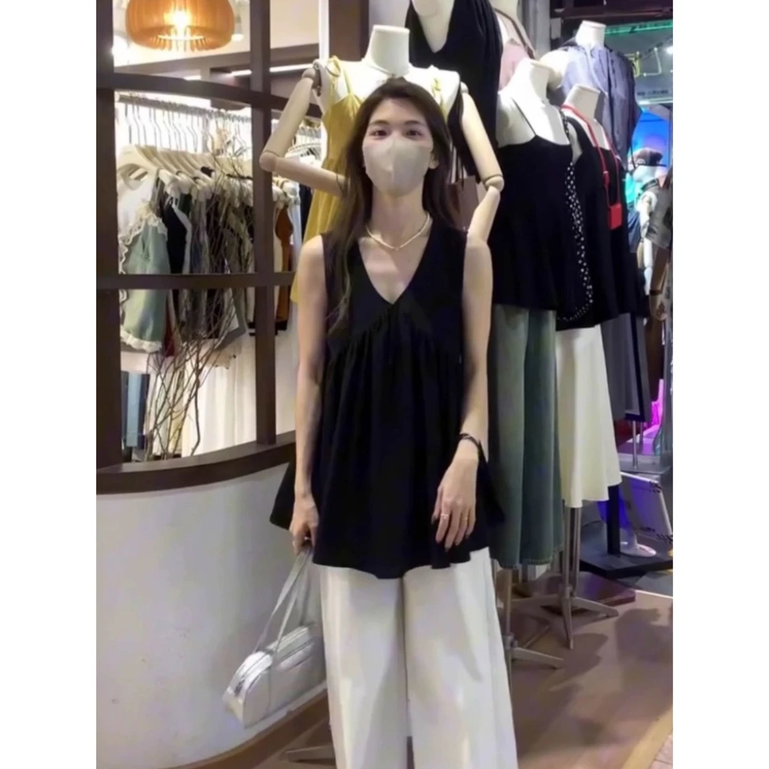 超好看中长款黑色背心女夏季2024新款设计感无袖V领上衣服9281