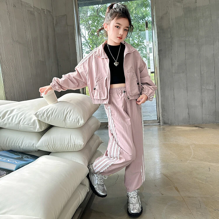 【若馨kids童品】2024韩版春秋季女童中大童时尚洋气拉条花边套装