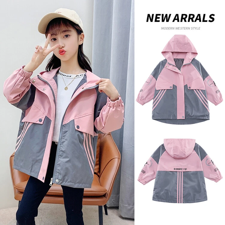 【若馨kids童品】2024新款春秋季中大女童时尚拉条拼接风衣外套