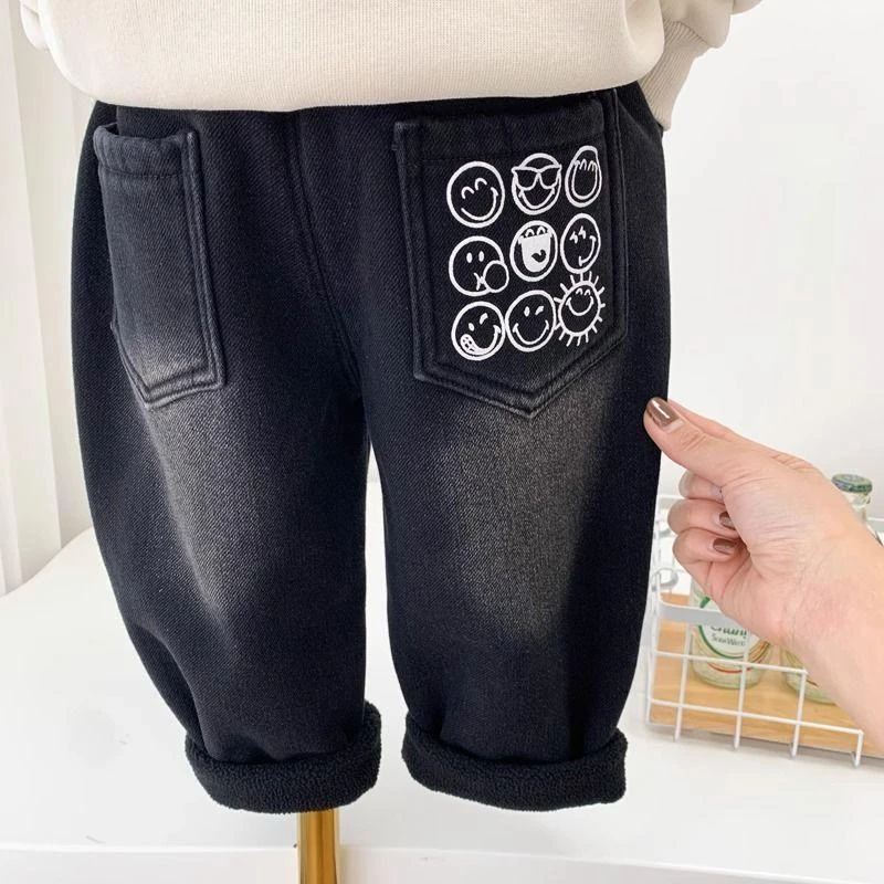 男童加绒牛仔裤秋冬装中小童韩版柔软长裤2024新款儿童一体绒裤子