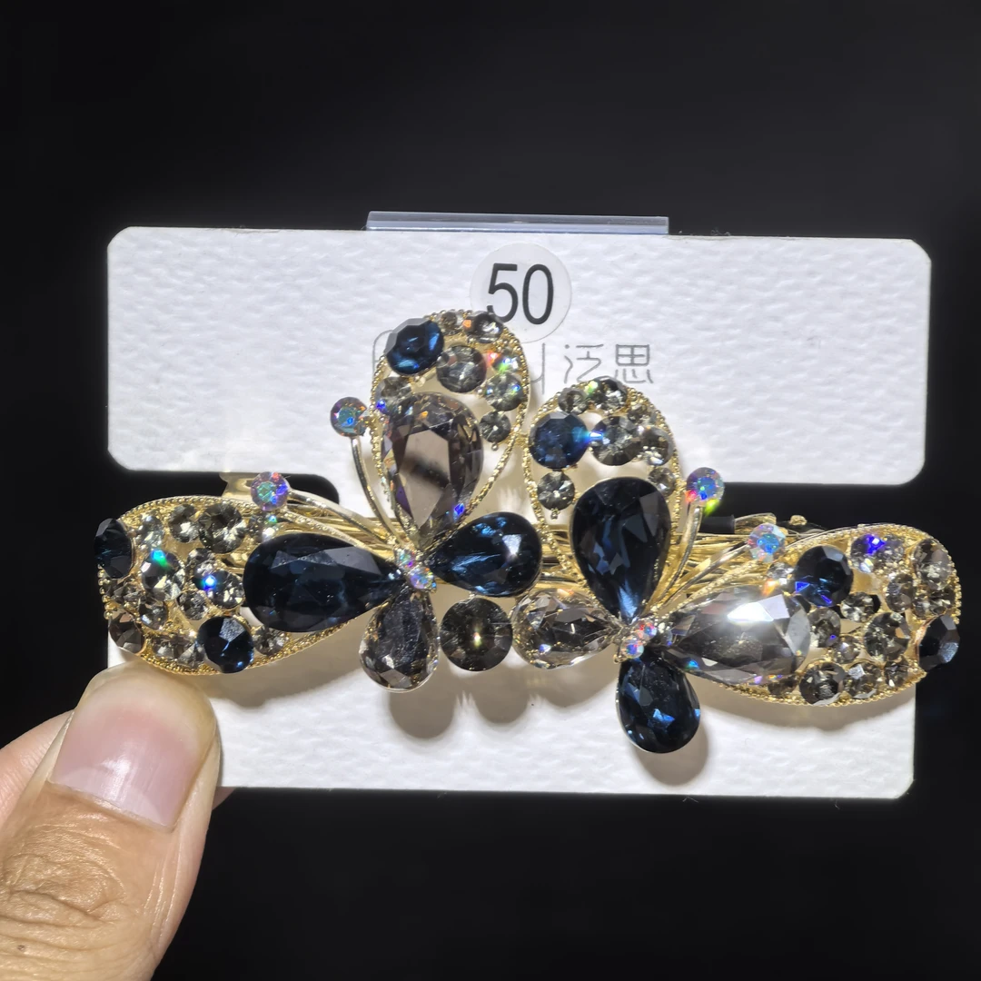 泛思新款8cm中号弹簧夹双蝴蝶蓝色高档发夹