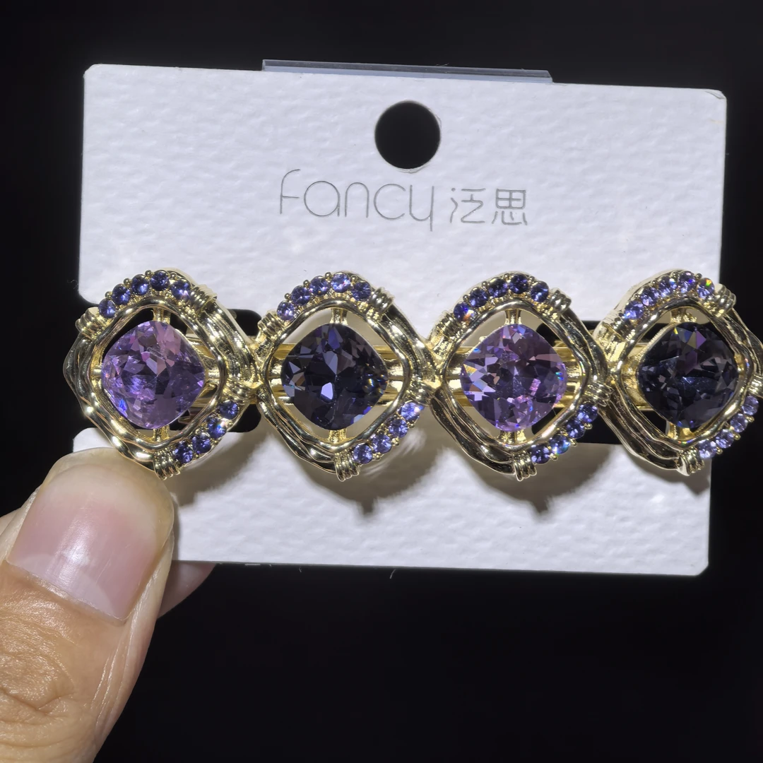 泛思新款6cm小号弹簧夹四颗钻紫罗兰高档发夹