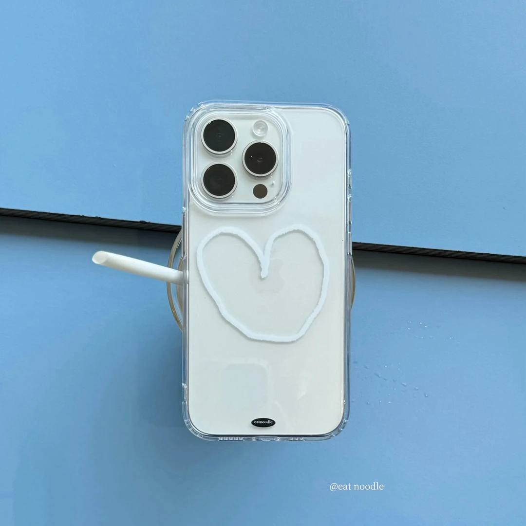 原创手绘白色爱心透明亚克力适用于苹果iPhone15ProMax防摔手机壳