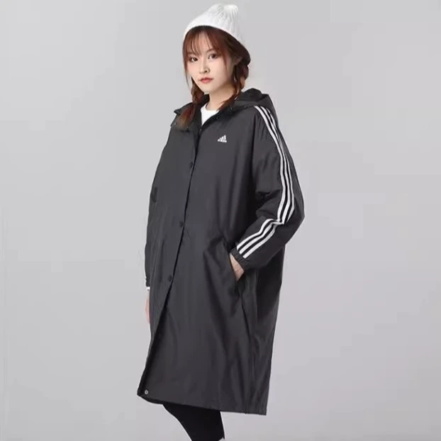 Adidas阿迪达斯外套女三条纹中长款连帽冬季运动休闲棉服GF0025