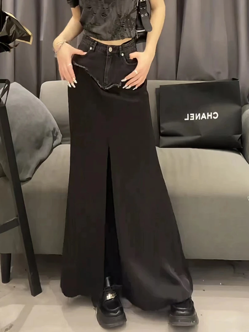 猫猫定制--[T24G]小众复古设计感牛仔拼接下摆高开叉时时髦半身裙