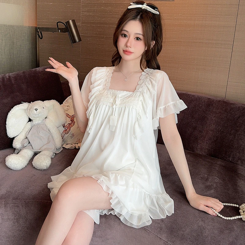 新款带胸垫睡衣女夏季短袖薄款韩版网纱甜美宽松公主风夏天家居服
