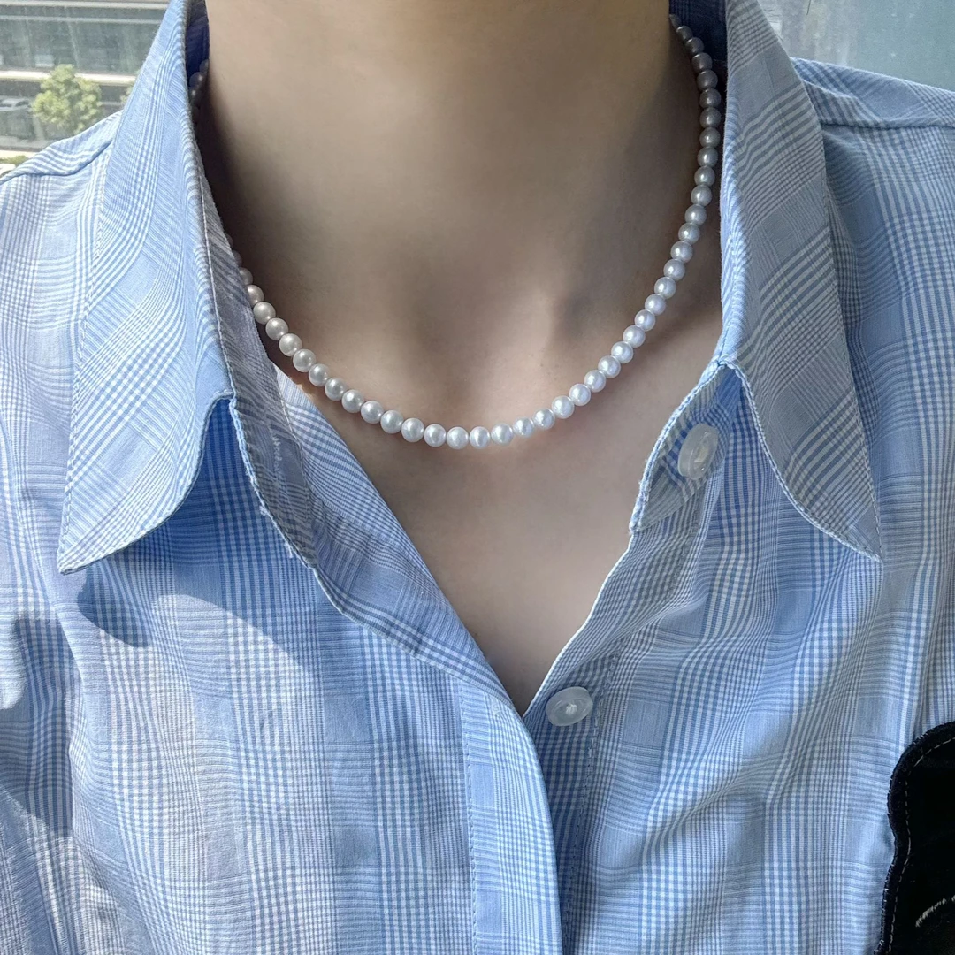 （甄选）5-5.5mm淡水珍珠项链S925银尾链 极光正圆极微瑕气质百搭