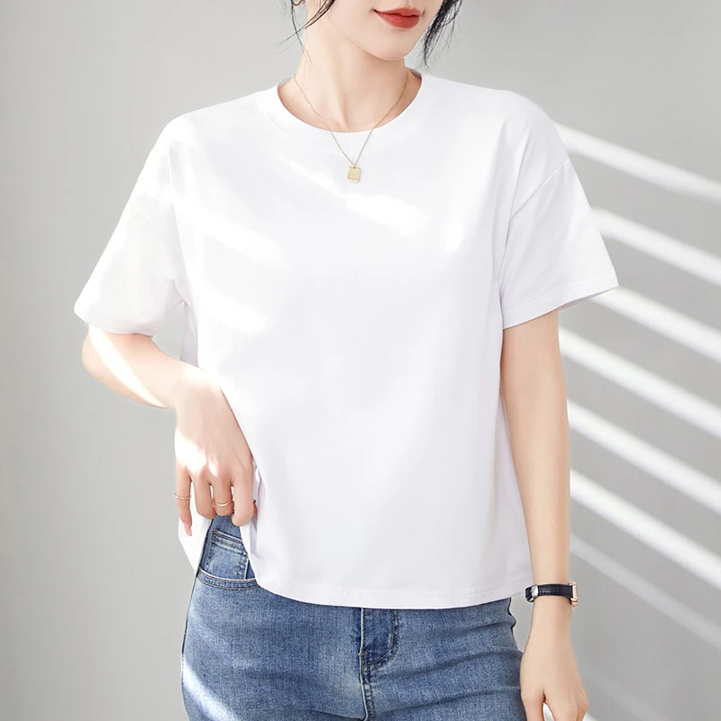 短袖t恤女2024新款夏装短款上衣服宽松时尚百搭简约圆领设计感