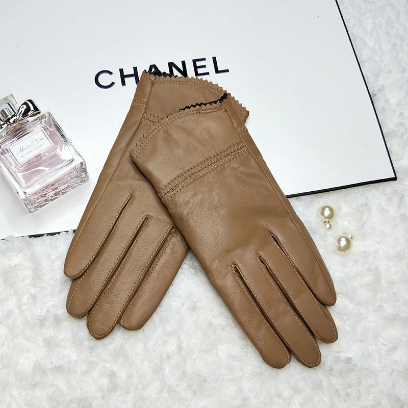 2023冬季开车保暖手套女士真皮手套女薄款海宁绵羊女式皮手套加棉