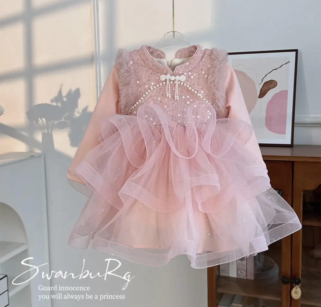 女童连衣裙春秋中式公主裙小女孩中国风洋气礼服裙过年花童表演服