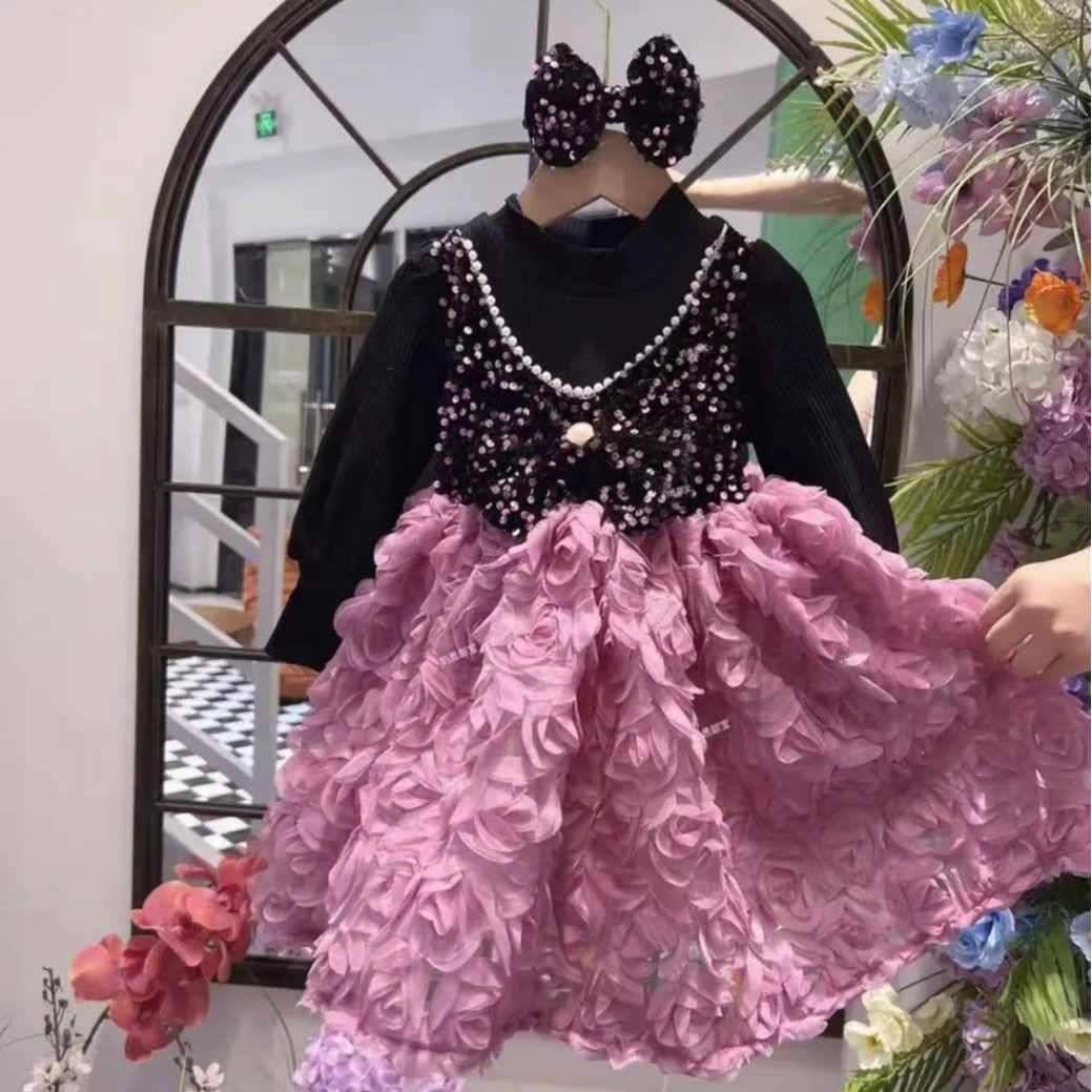 重工刺绣玫瑰花公主裙小女孩花童女童长袖秋冬亮片礼服裙表演服