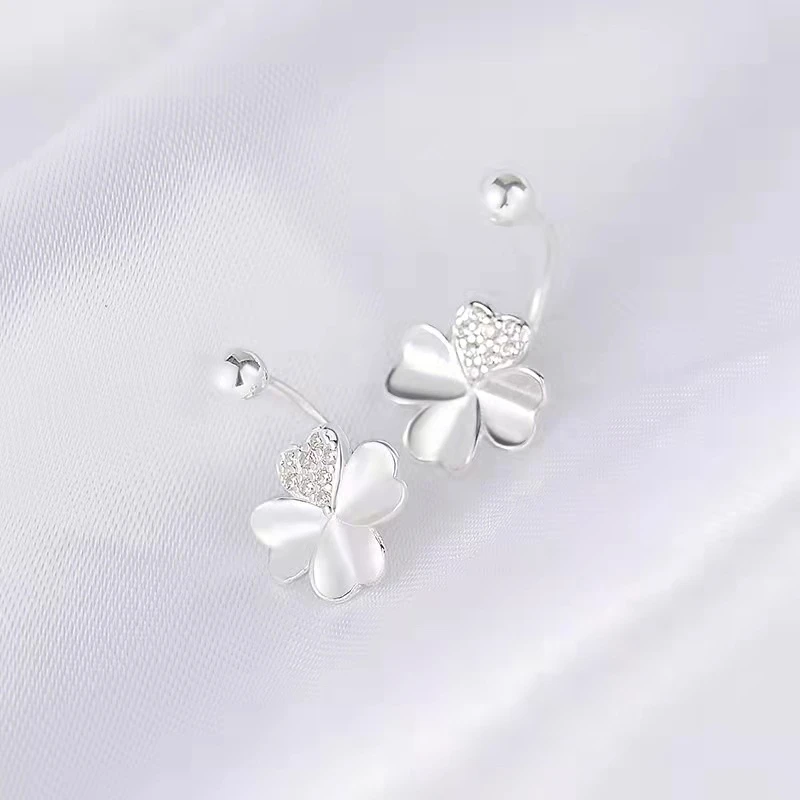 南银花迷 足银耳饰 四叶草耳环个性时尚花朵设计精致养耳耳钉饰品