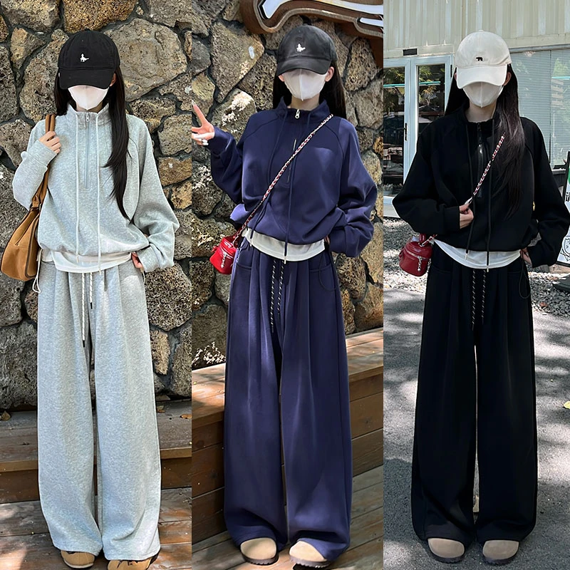 秋季新款慵懒风休闲套装高腰显瘦阔腿裤设计感卫衣组合套装