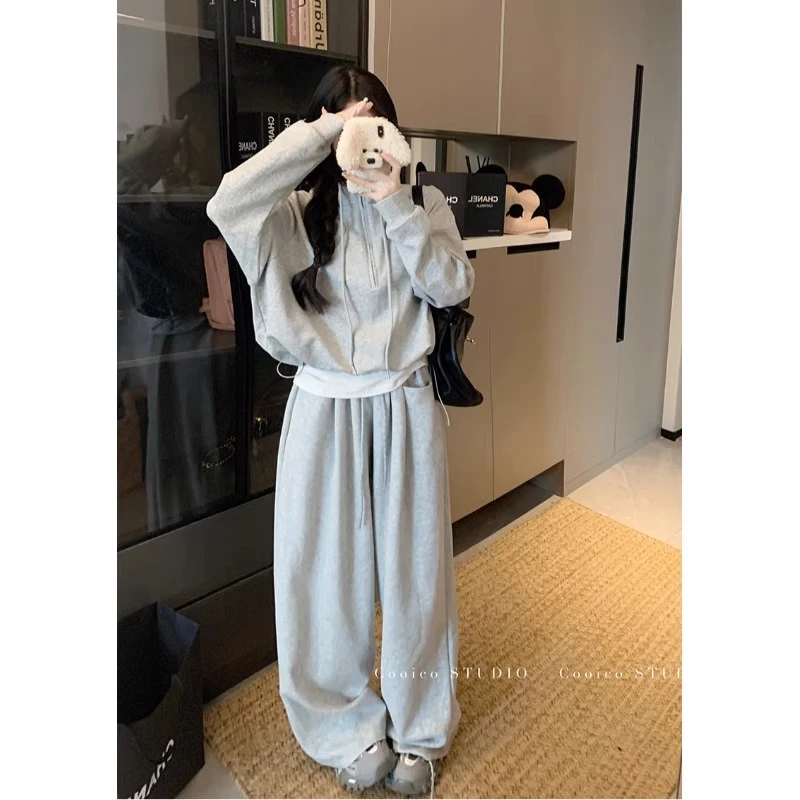 秋季新款慵懒风休闲套装显瘦阔腿裤设计感卫衣组合套装007