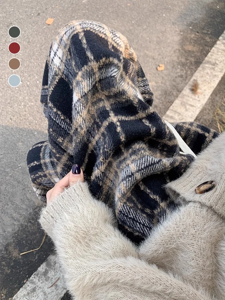 复古毛呢格子裤秋冬加绒加厚高腰垂感休闲宽松显瘦阔腿裤001