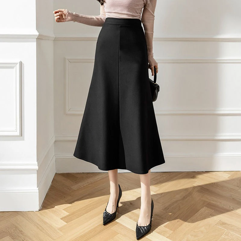 黑色夏季百搭高腰大码中长款中长裙松紧腰弹力显瘦半身裙女装
