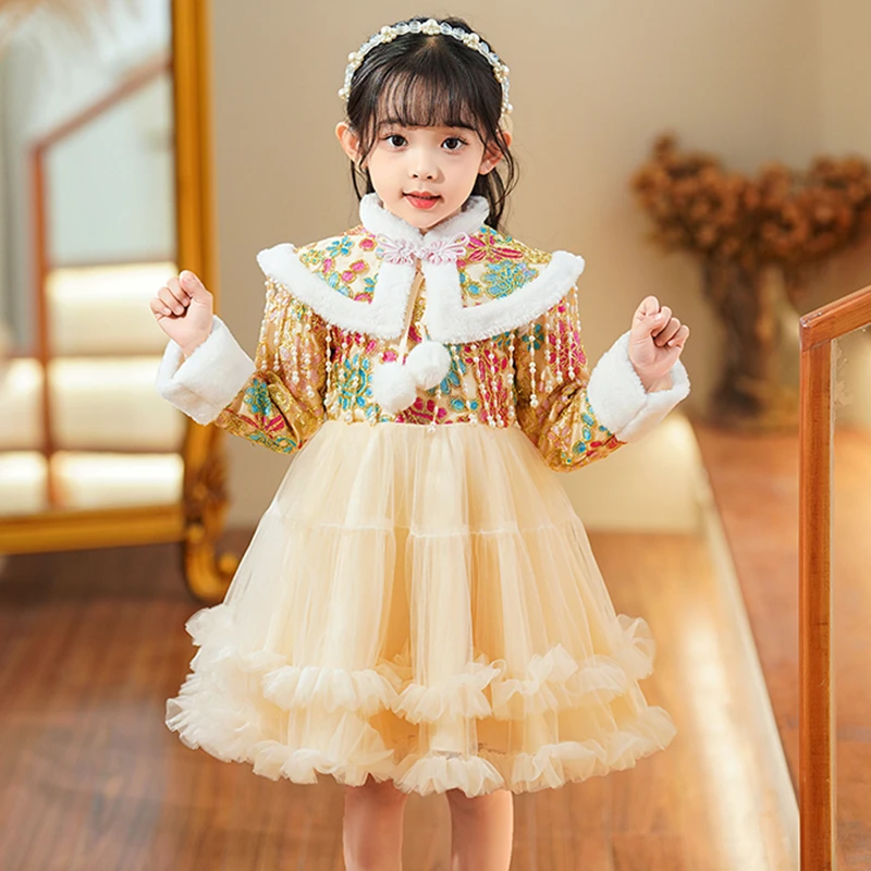 女童秋冬连衣裙儿童中国风拜年服蓬蓬裙女孩宝宝加绒加厚洋气裙子