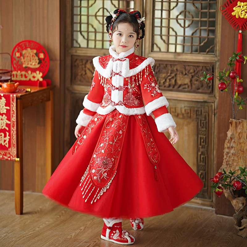 童装女宝宝唐装汉服加棉加厚两件套中国风冬款洋气红色喜庆拜年服