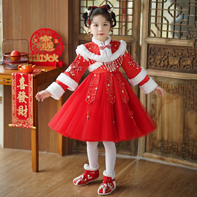 女童中国风冬款唐装加绒拜年服女宝宝洋气小女孩公主气质连衣裙子