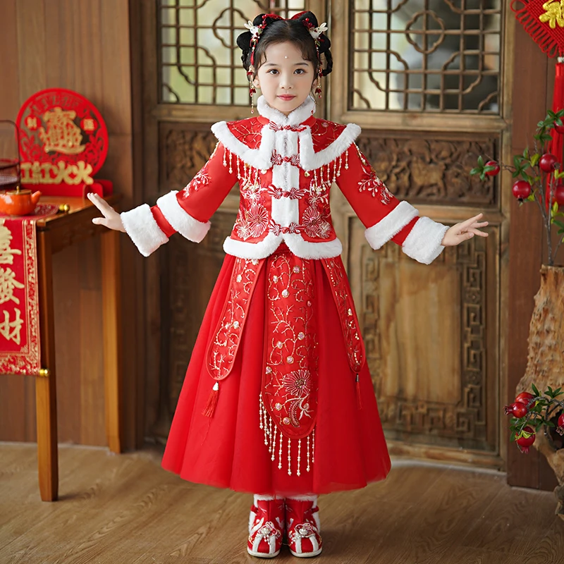 女童加绒加厚中国风套装拜年服冬款女宝宝洋气中大童唐装古风裙子