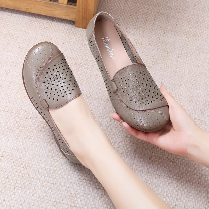 真皮牛筋底软底防滑中老年妈妈鞋舒适休闲镂空单鞋女鞋