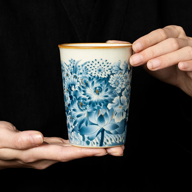汝窑金万花茶杯大容量可乐杯个人专用功夫茶具主人杯创意水杯单杯
