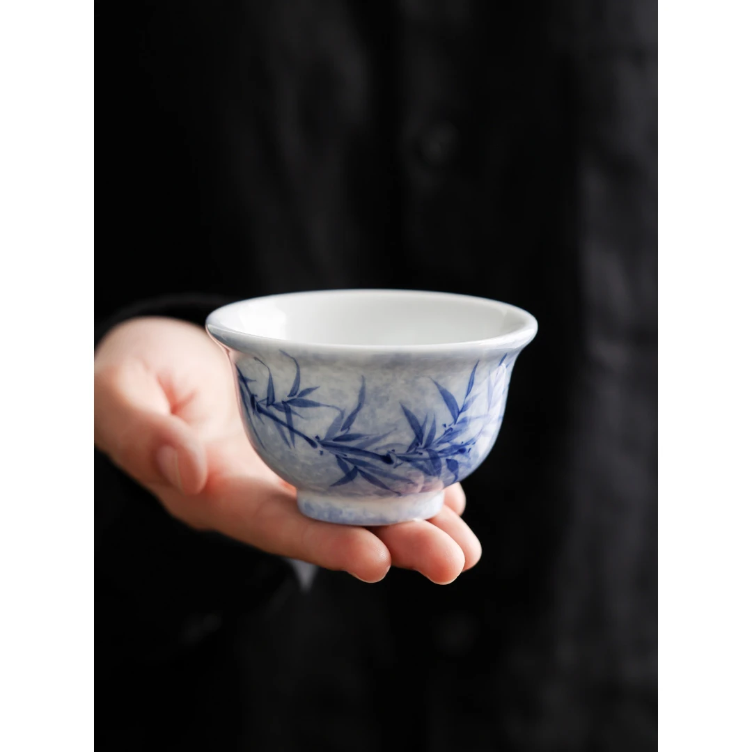 手绘墨染青竹茶杯陶瓷压手杯个人专用主人杯喝茶杯功夫茶单个茶盏