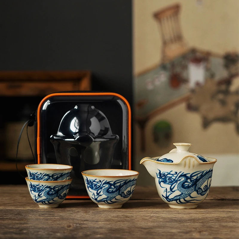 汝窑旅行茶具快客杯一壶三杯户外露营茶具套装喝茶装备陶瓷便携式
