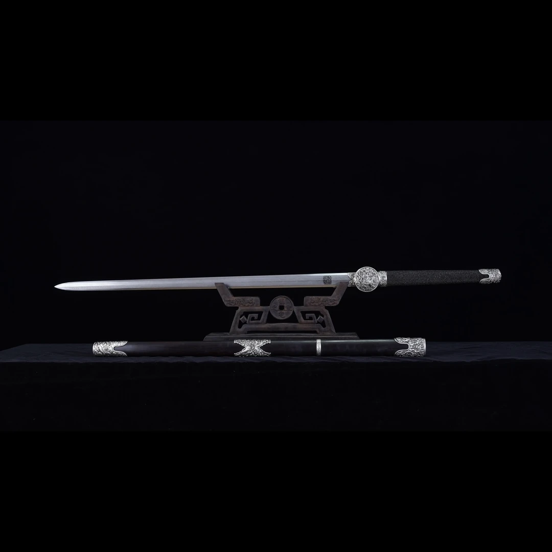 龙泉宝剑厂【纯阳五行剑】金木水火土 黑檀木自炼钢双羽毛纹未开