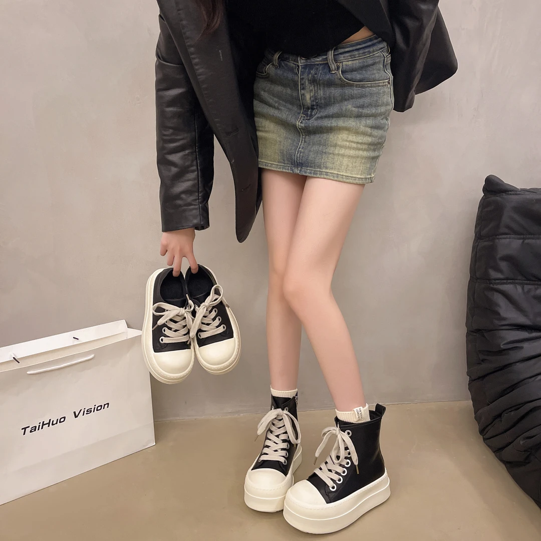 欧洲站2025春秋新款软皮厚底运动鞋女增高休闲系带朝鞋子欧货韩版