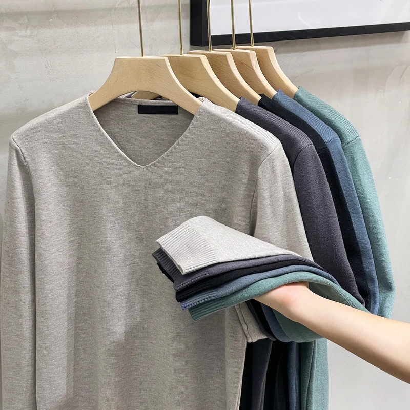 抗起球男士秋冬季V领毛衣潮长袖T恤纯色鸡心领针织衫男内搭打底衫