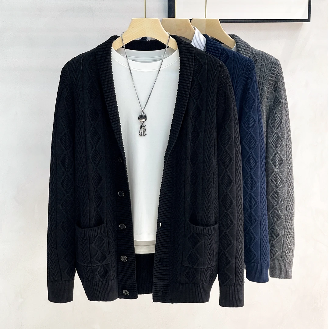 美式纯棉开衫外套男士提花针织毛衣秋冬厚款商务休闲宽松时尚百搭