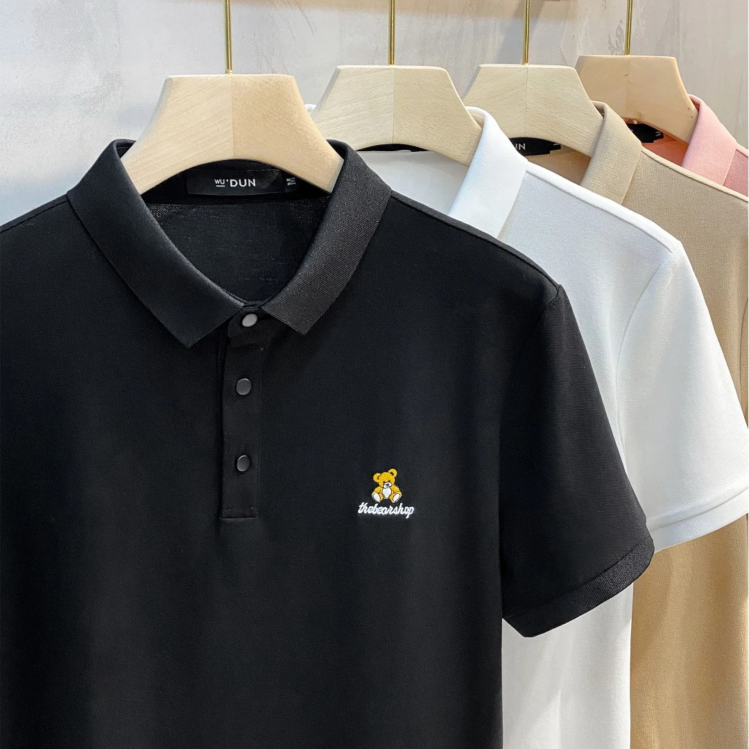 简约小熊刺绣帅气翻领Polo衫男潮流潮牌夏季带领t恤男士短袖修身