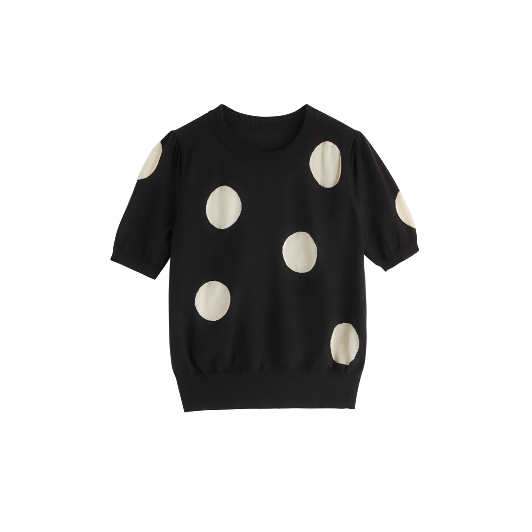 小香风针织女夏季新款高级时尚显瘦浪漫波点毛织提花上衣8028