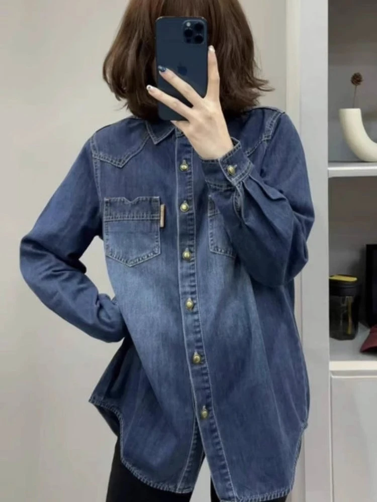 加绒牛仔衬衫女秋冬2023新款宽松设计感叠穿上衣休闲加厚衬衣外套