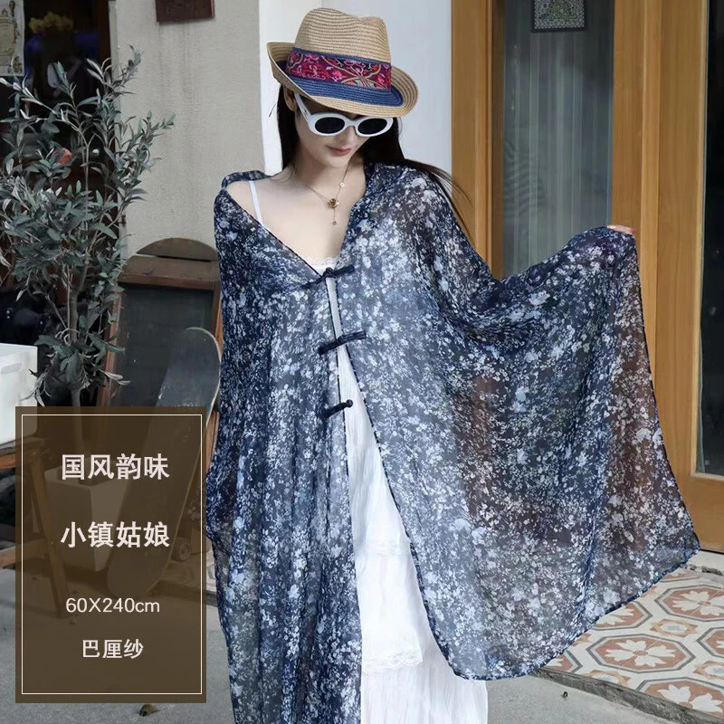 春夏新款民族风古装盘扣宽松复古小碎花红色丝巾女围巾披肩多