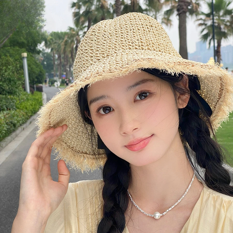 娆蝶草帽女小清新手工渔夫帽拼色毛边遮阳帽韩版简约太阳帽