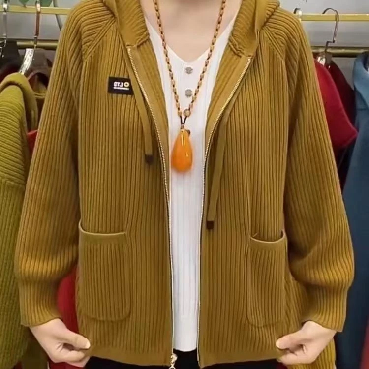 2024春季新款竖条款连帽字母标拉链上衣外套休闲女装中老年妈妈装