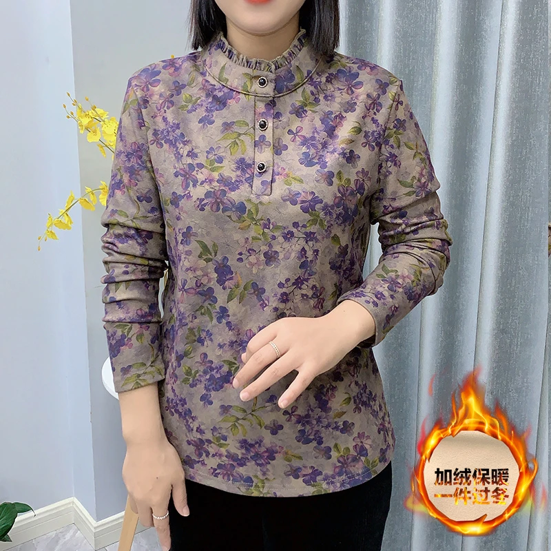 妈妈秋冬装长袖T恤大码中老年人女装秋冬打底衫薄绒保暖衣小衫