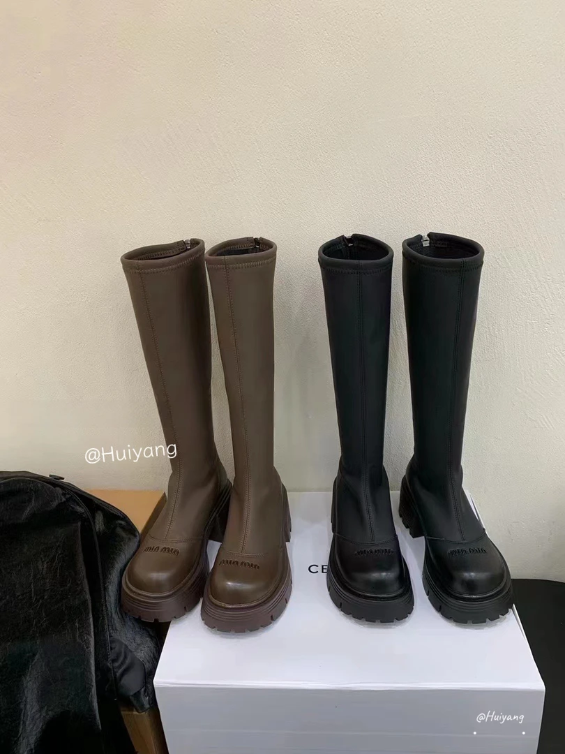 加绒新款显瘦高筒骑士靴百搭女粗跟厚底日系长靴圆头字母直筒靴