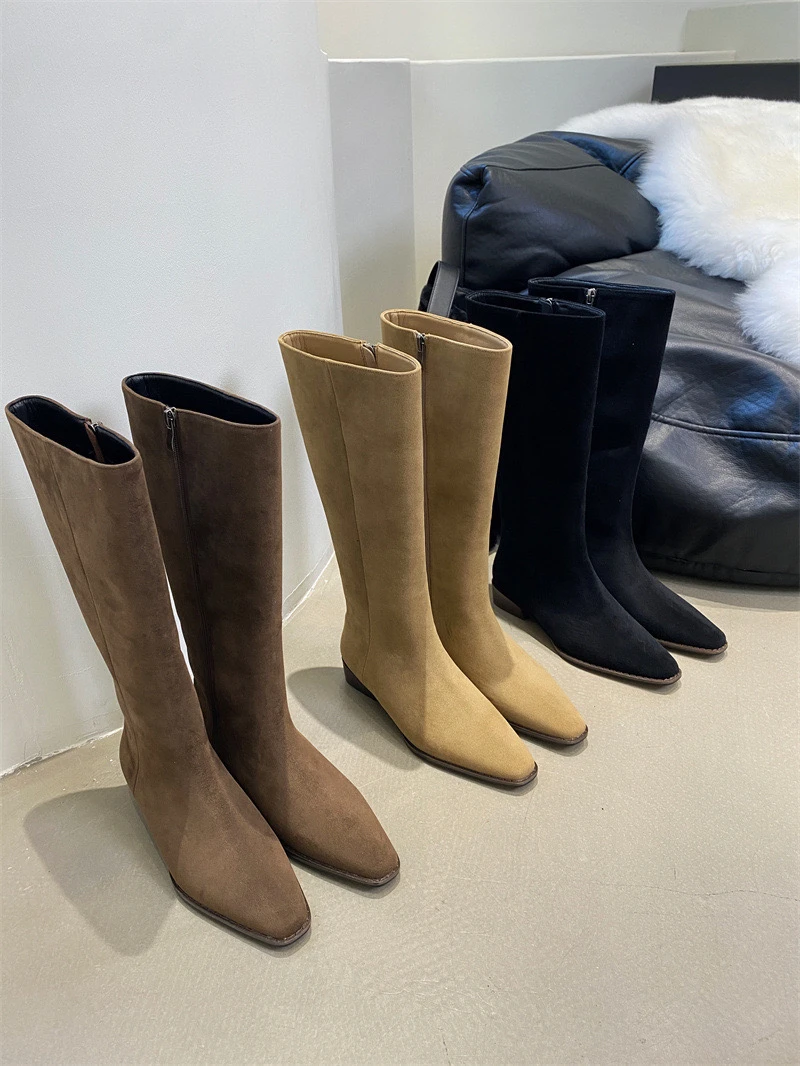 粗跟尖头绒面瘦瘦长筒长靴女鞋2023新款秋冬季卡其色中筒骑士靴子